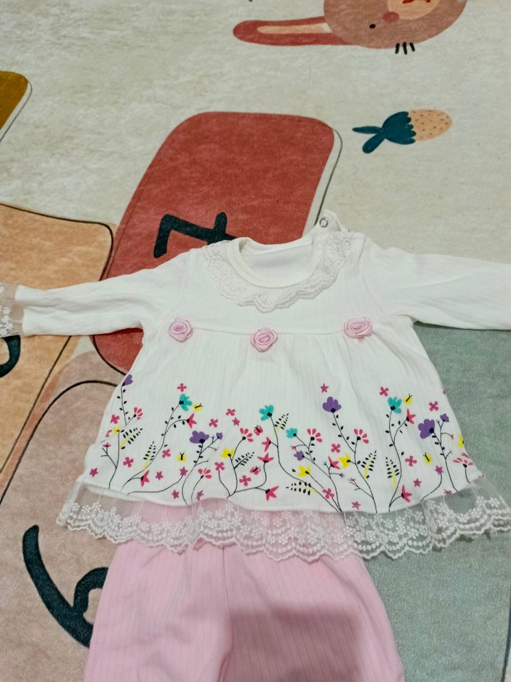 Dantel Detaylı Uzun Kollu Pembe Bebek Takımı - Görsel 2