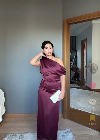 s Beden Bordo Drapeli Uzun Saten Elbise