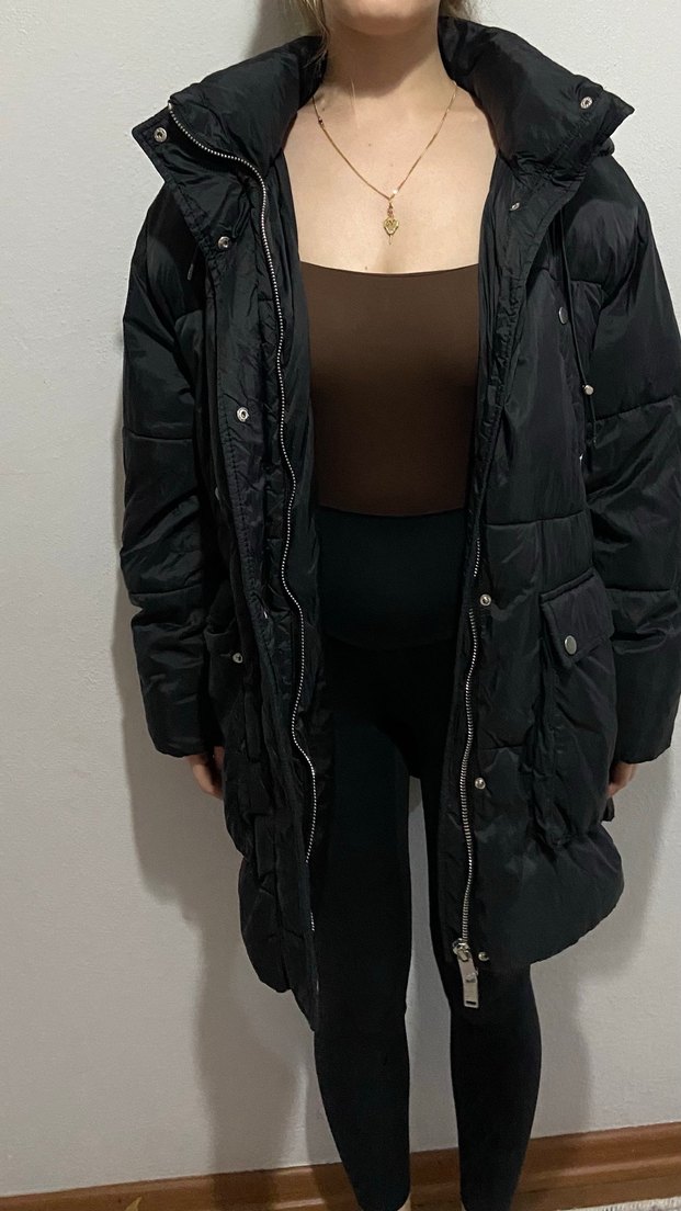 Siyah Uzun Kesim Düğmeli Kadın Kışlık Mont - Görsel 2