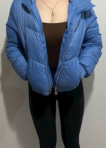 Mavi Fermuarlı Kadın Kışlık Mont - Görsel 3