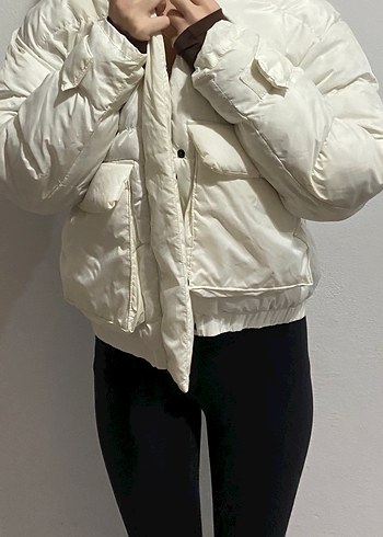 Düğmeli Beyaz Kadın Kışlık Mont - Görsel 2