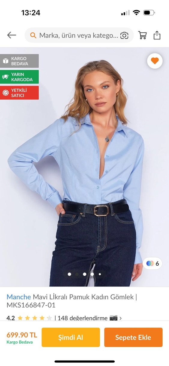 Manche Mavi Likrali Pamuk Kadin Gömlek | - Görsel 2