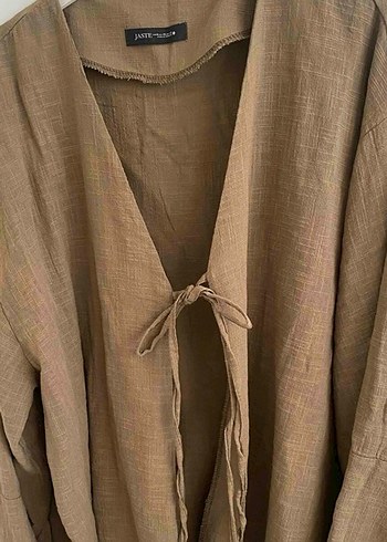 s Beden camel Renk JASTE Kadin Koyu Haki Çift Baglama Keten Kimono
