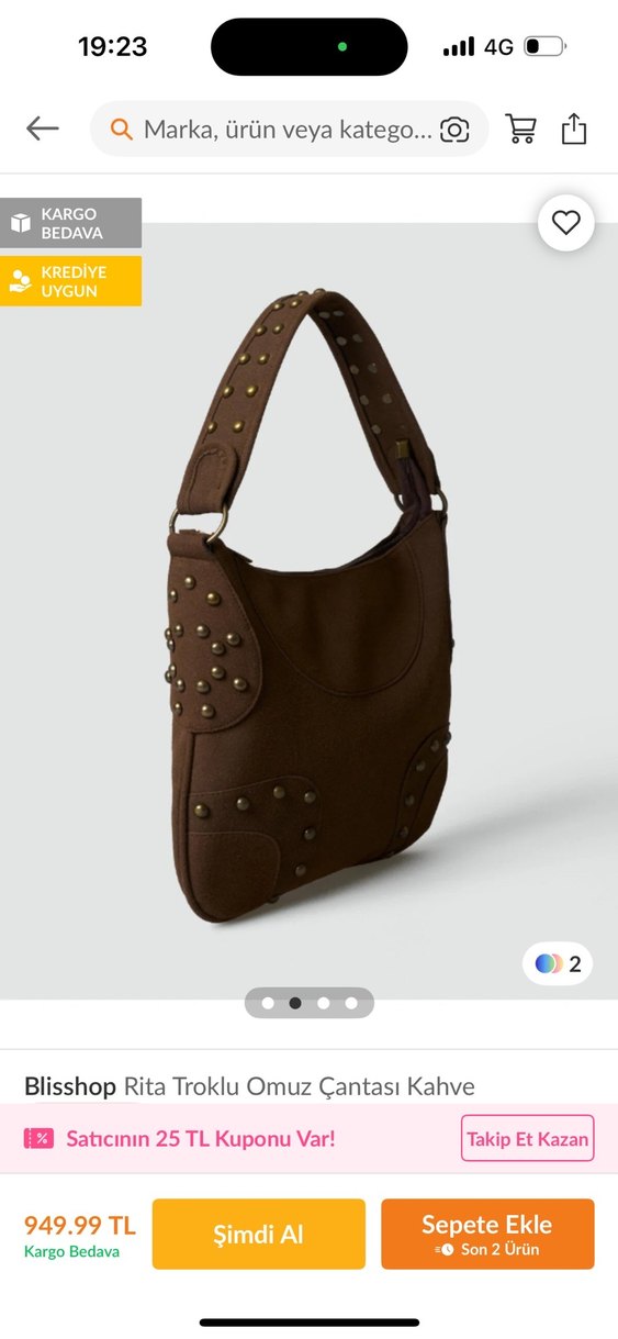 Blisshop Kahverengi Trok Detaylı Süet Omuz Çantası - Görsel 2