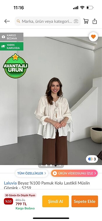 Laluvia Kirli Beyaz 0 Pamuk Kolu Lastikli Müslin Gömlek - 5259