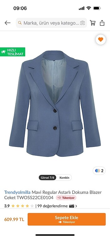Trendyolmilla Mavi Regular Astarli Dokuma Blazer Ceket TWOSS22CE