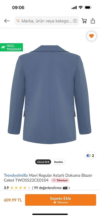 Trendyol & Milla Trendyolmilla Mavi Regular Astarli Dokuma Blazer Ceket TWOSS22CE