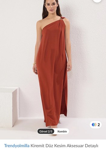 Trendyolmilla Kiremit Drapeli Uzun Elbise