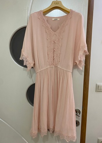 Pembe Uzun Dantel Detaylı Bohem Elbise