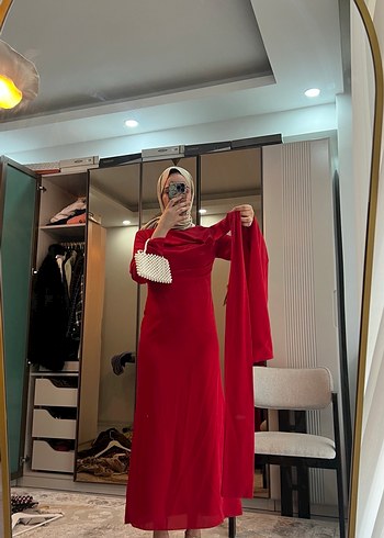 Kırmızı Drapeli Uzun Kollu Abiye Elbise - Görsel 5