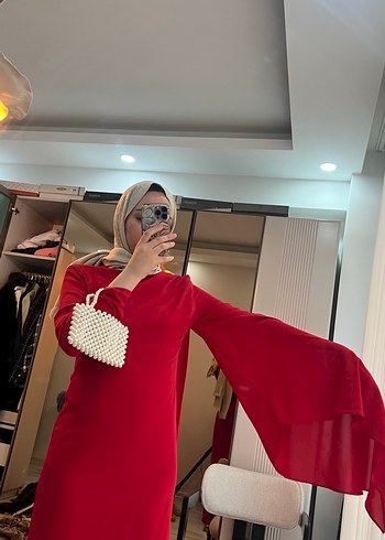 Kırmızı Drapeli Uzun Kollu Abiye Elbise - Görsel 8