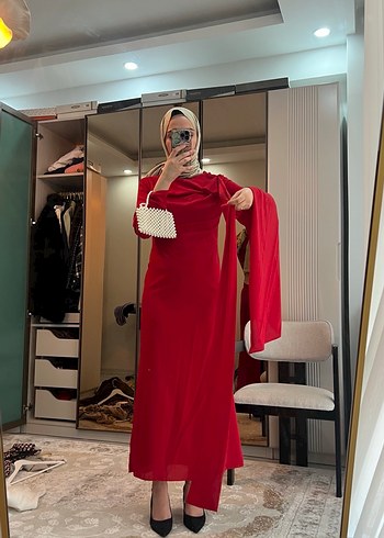 Kırmızı Drapeli Uzun Kollu Abiye Elbise - Görsel 6