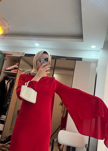Kırmızı Drapeli Uzun Kollu Abiye Elbise - Görsel 9