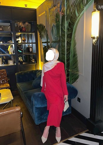 Kırmızı Drapeli Uzun Kollu Abiye Elbise - Görsel 12