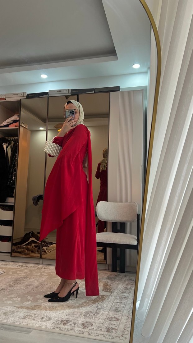 Kırmızı Drapeli Uzun Kollu Abiye Elbise - Görsel 4