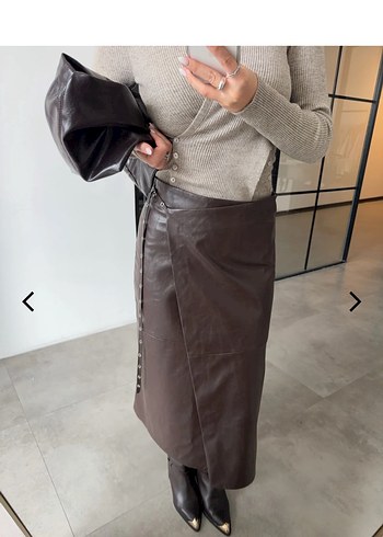 Kemer Detaylı Kahverengi Deri Midi Etek - Görsel 2