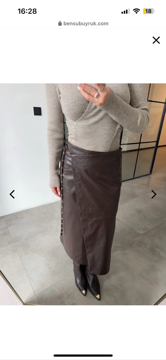 Kemer Detaylı Kahverengi Deri Midi Etek - Görsel 3