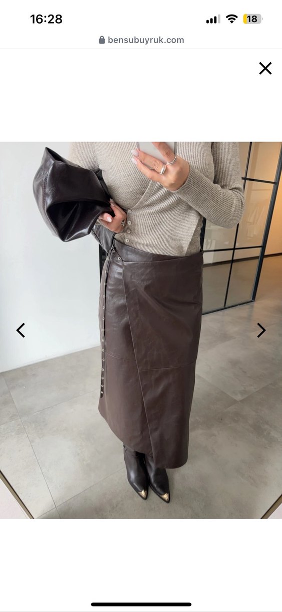 Kemer Detaylı Kahverengi Deri Midi Etek - Görsel 2