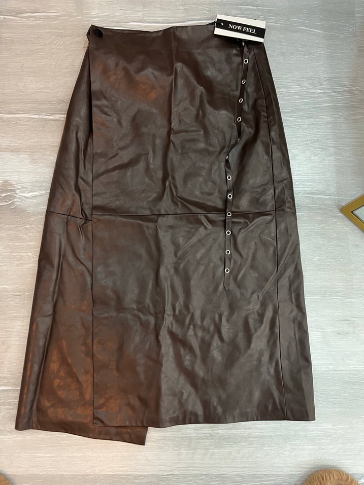 Kemer Detaylı Kahverengi Deri Midi Etek - Görsel 5