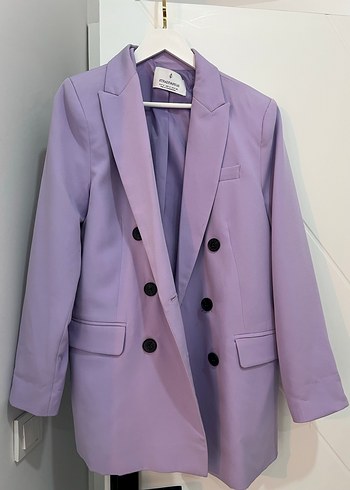 Düğmeli Mor Midi Kadın Blazer Ceket - Görsel 2