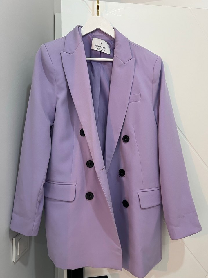 Düğmeli Mor Midi Kadın Blazer Ceket - Görsel 2