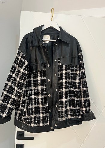 Kadın Beyaz Siyah Ekose Midi Deri Ceket - Görsel 2