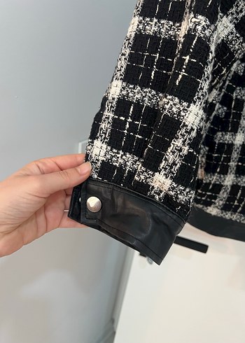 Kadın Beyaz Siyah Ekose Midi Deri Ceket - Görsel 4