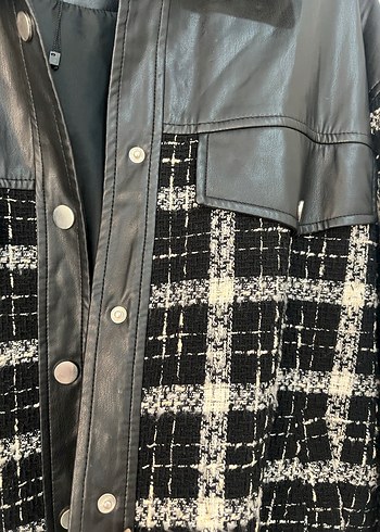 Kadın Beyaz Siyah Ekose Midi Deri Ceket - Görsel 3