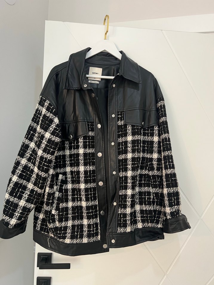 Kadın Beyaz Siyah Ekose Midi Deri Ceket - Görsel 2