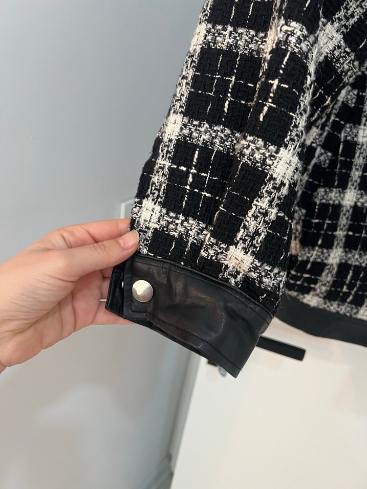 Kadın Beyaz Siyah Ekose Midi Deri Ceket - Görsel 4