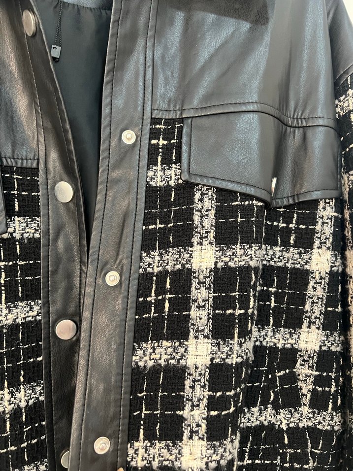 Kadın Beyaz Siyah Ekose Midi Deri Ceket - Görsel 3