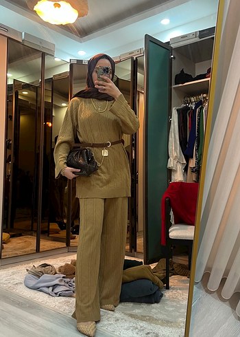 Camel Renkli Kemerli Kadın Uzun Takım - Görsel 5