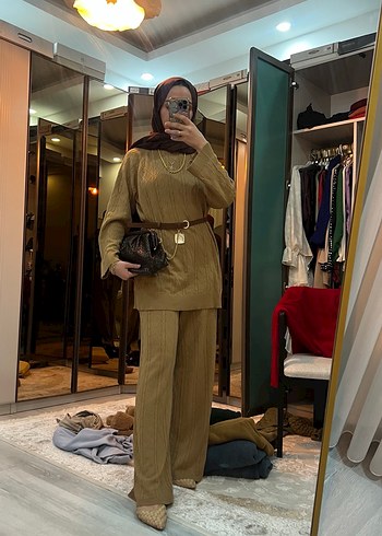 Camel Renkli Kemerli Kadın Uzun Takım - Görsel 2