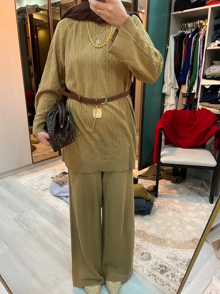 Camel Renkli Kemerli Kadın Uzun Takım - Görsel 4