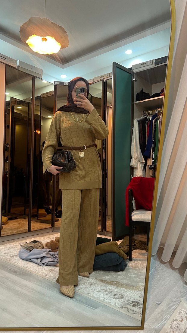 Camel Renkli Kemerli Kadın Uzun Takım - Görsel 5