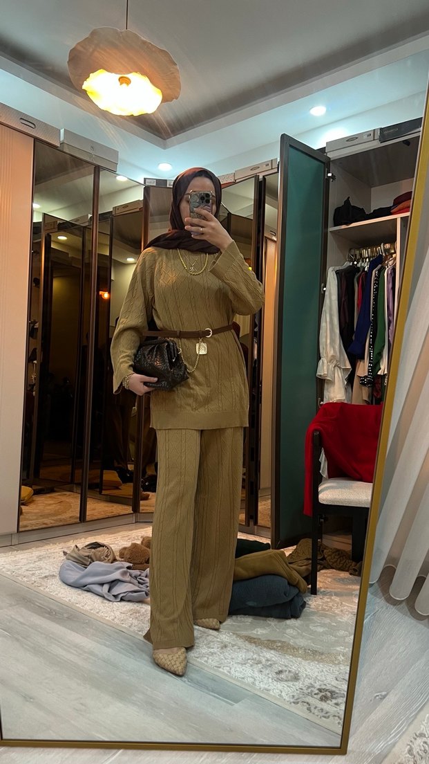 Camel Renkli Kemerli Kadın Uzun Takım - Görsel 2