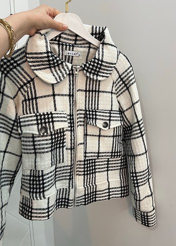 beyaz Düğmeli Kareli Midi Kadın Ceket - Görsel 4