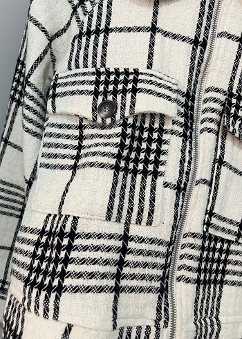 beyaz Düğmeli Kareli Midi Kadın Ceket - Görsel 5