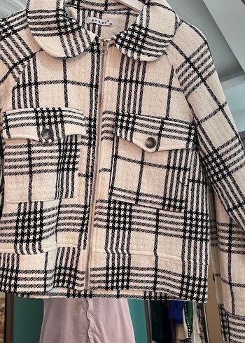 beyaz Düğmeli Kareli Midi Kadın Ceket - Ana görsel