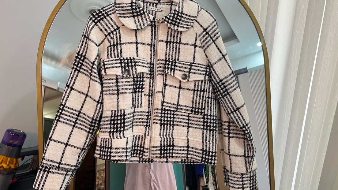 beyaz Düğmeli Kareli Midi Kadın Ceket - Görsel 2