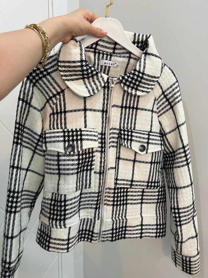 beyaz Düğmeli Kareli Midi Kadın Ceket - Görsel 3