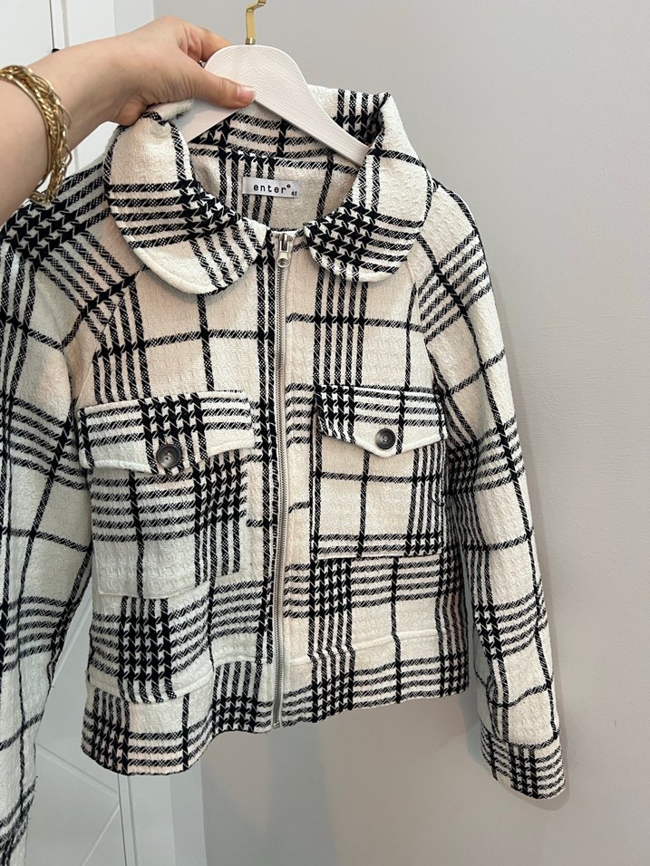 beyaz Düğmeli Kareli Midi Kadın Ceket - Görsel 4