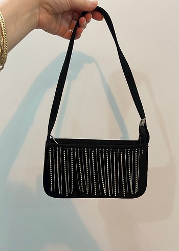 Siyah Süet taşlı Nakışlı Fermuarlı Kadın Çanta - Görsel 6