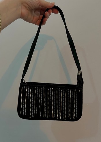 Siyah Süet taşlı Nakışlı Fermuarlı Kadın Çanta - Görsel 3