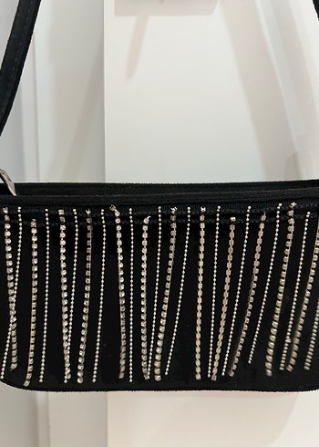 Siyah Süet taşlı Nakışlı Fermuarlı Kadın Çanta - Görsel 2