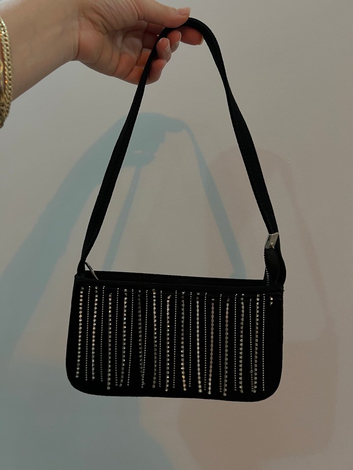 Siyah Süet taşlı Nakışlı Fermuarlı Kadın Çanta - Görsel 3