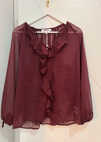 Bordo Fırfırlı Bohem V Yaka Kadın Bluz - Görsel 5