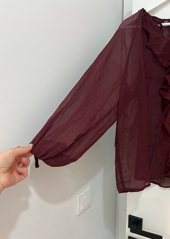 Bordo Fırfırlı Bohem V Yaka Kadın Bluz - Görsel 4