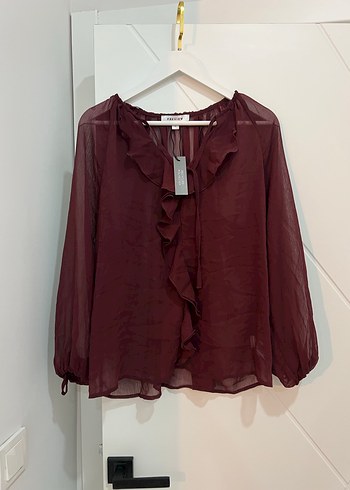 Bordo Fırfırlı Bohem V Yaka Kadın Bluz - Görsel 2