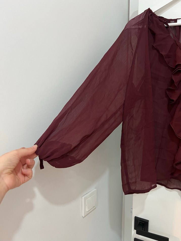 Bordo Fırfırlı Bohem V Yaka Kadın Bluz - Görsel 4